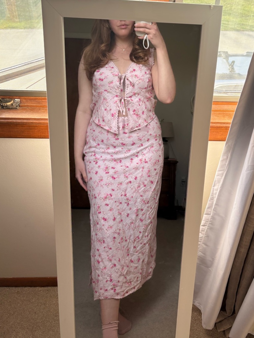 Pink Rose Light Pink Floral Tie-Front Midi Dress